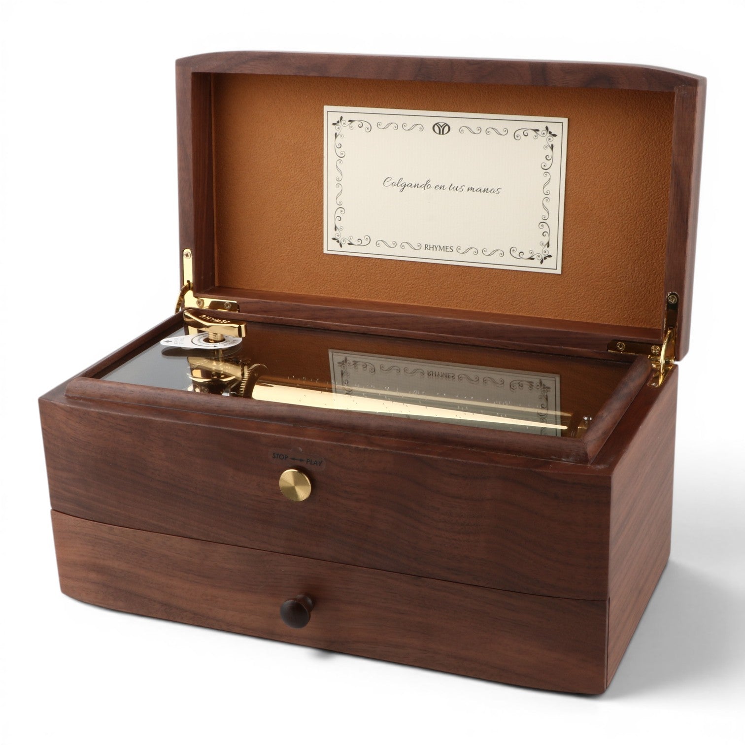 Enchanted Music Boxes 78-note walnut music box with a glass panel, gold mechanism, and an open jewellery drawer.