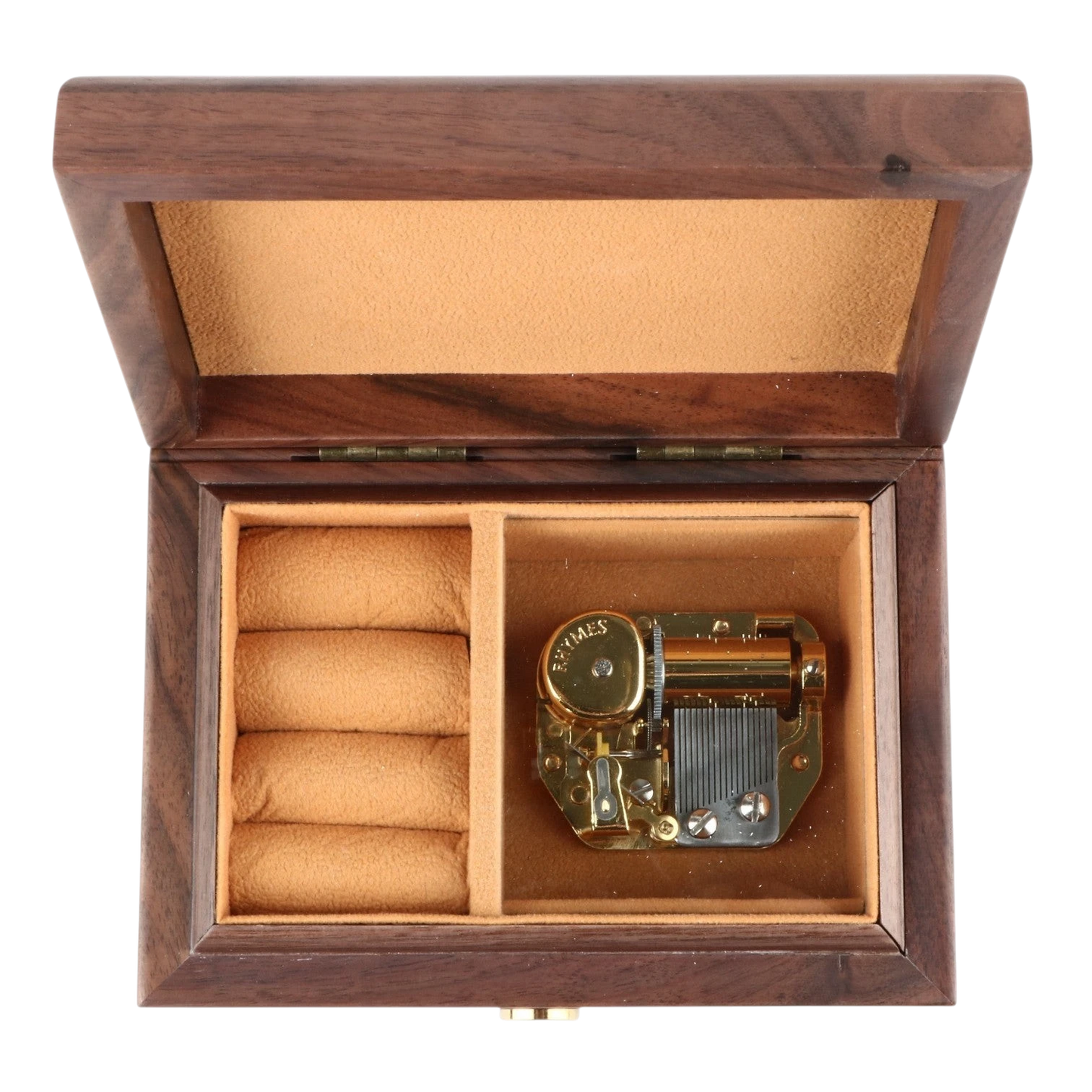 Enchanted Music Boxes walnut wood music box with gold 18-note mechanism and tan velvet ring holder interior.