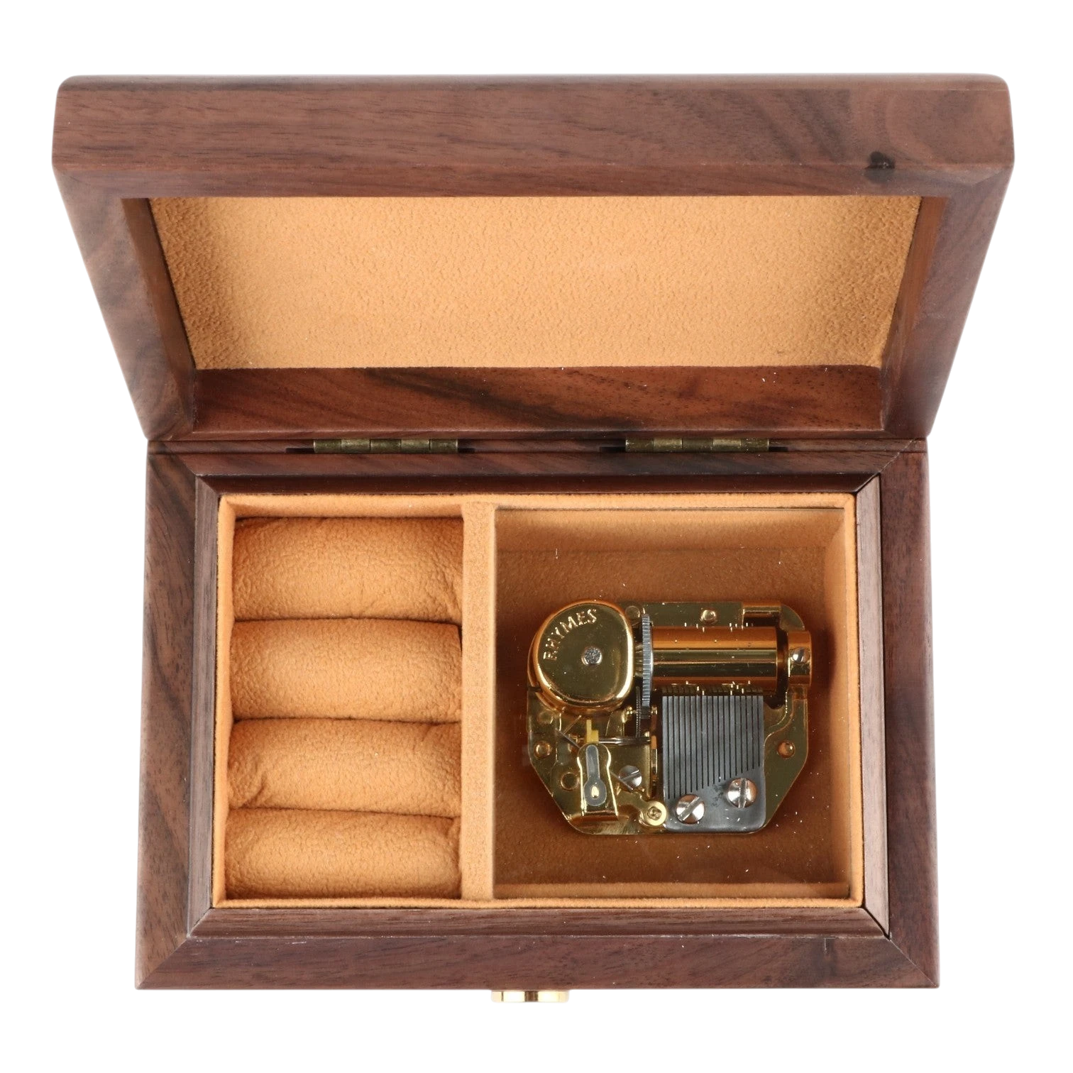 Enchanted Music Boxes walnut wood music box with gold 18-note mechanism and tan velvet ring holder interior.