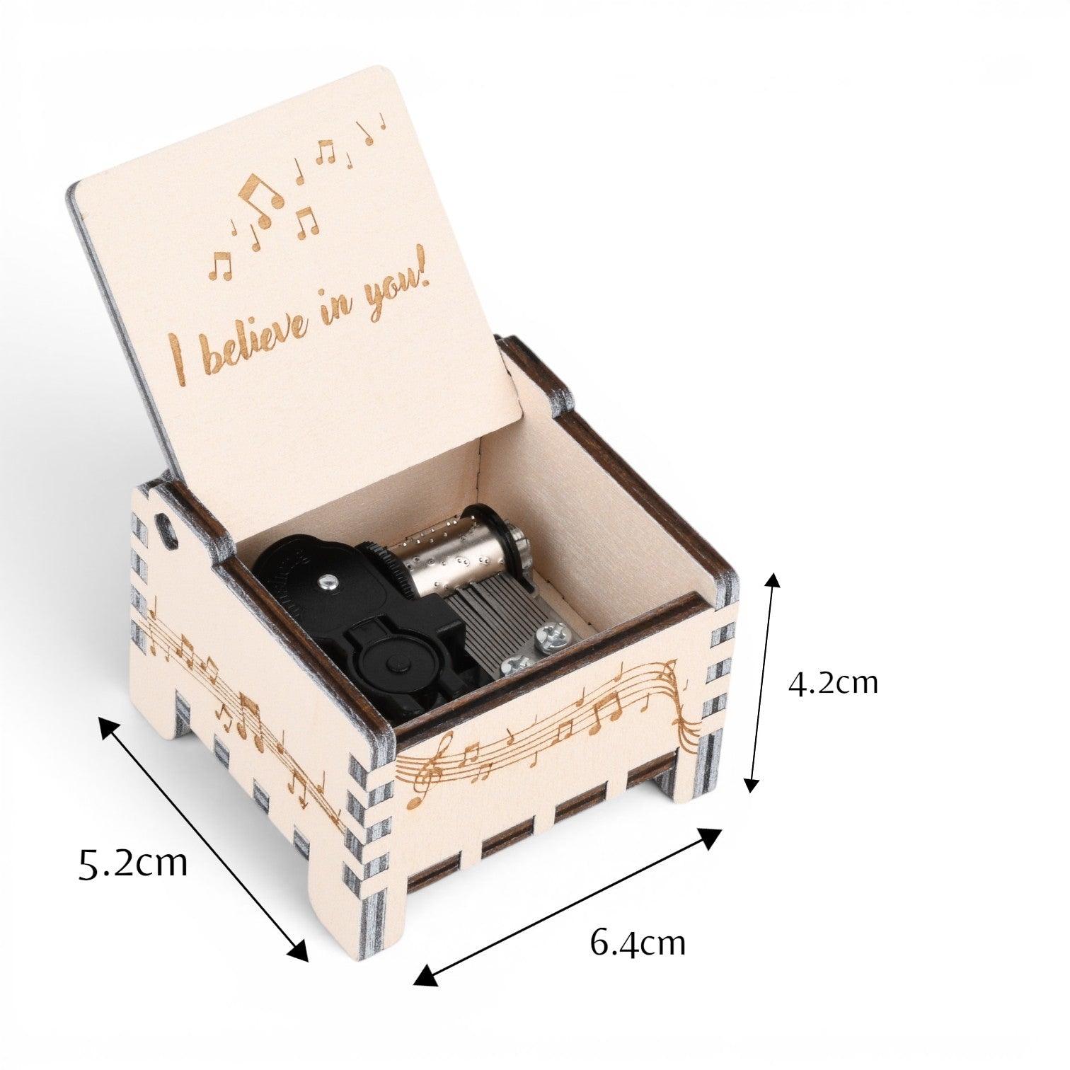 Enchanted Music Boxes wooden wind-up music box with musical note engravings and I believe in you lid inscription.